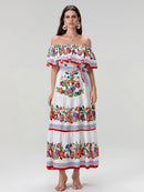 Women Long Strapless Dress Floral Print Boat Neck Off Shoulder Tighten Tie Waist Flowy Summer Beach Dresses