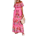 Women Long Strapless Dress Floral Print Boat Neck Off Shoulder Tighten Tie Waist Flowy Summer Beach Dresses