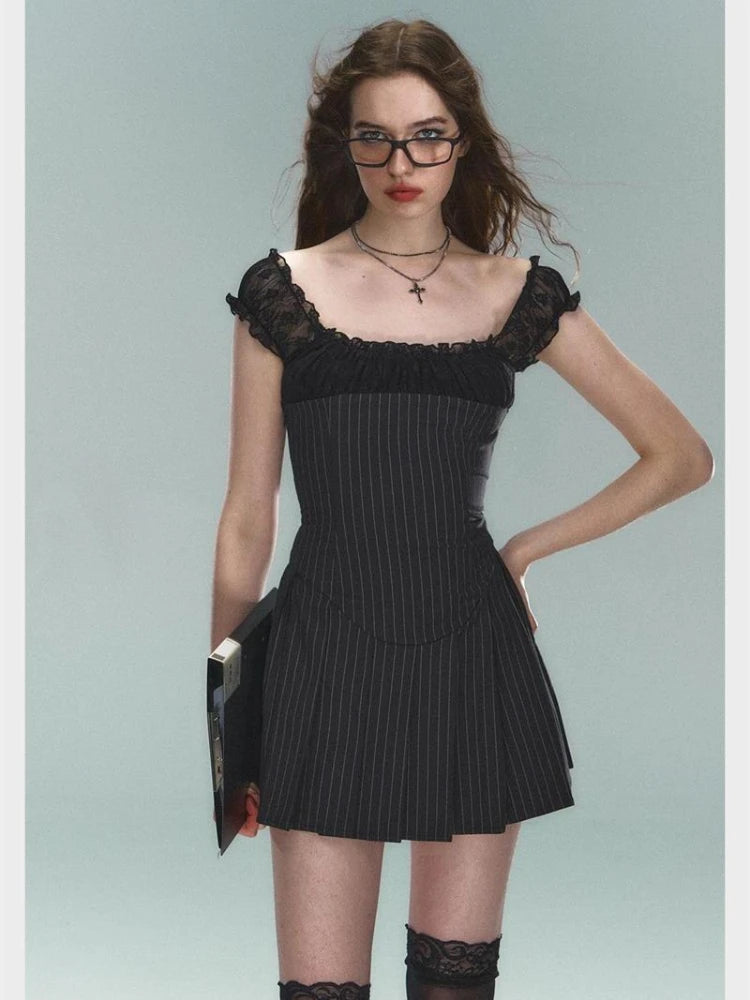 Women's Stripped Lace Pleated Mini Dress  Fashion Retro Short Dresses