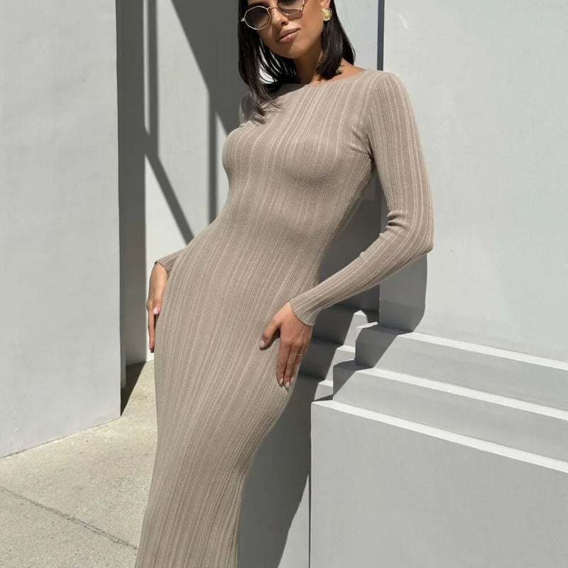 Long Sleeve Slim Knit Maxi Dress For Women