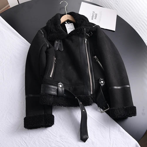 Winter Women's  Short Motorcycle Brown Coats  Leather Jackets Outwear