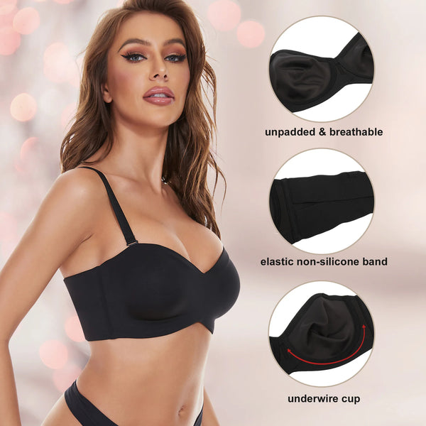 Full Support Non-Slip Convertible Strapless Push up Bandeau Plus Size Seamless Bra