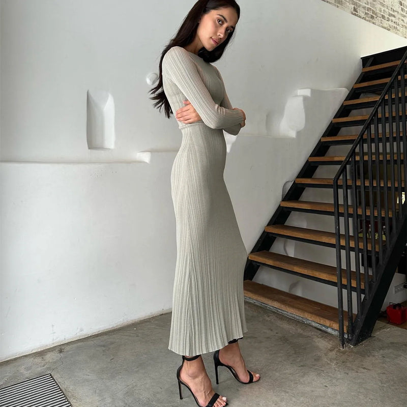 Long Sleeve Slim Knit Maxi Dress For Women