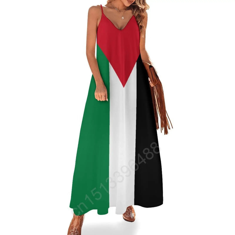 Palestine Flag Flag Print New Casual Sleeveless Long Dress Women's V-Neck Printed Dress Swing Retro Dresses