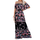 Women Long Strapless Dress Floral Print Boat Neck Off Shoulder Tighten Tie Waist Flowy Summer Beach Dresses