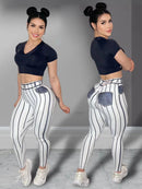 Women High Waist Sports Leggings Stripe Print Stretchable Yoga Pants Sexy Tight Fitness Workout  Gym Push Up Causal Pant