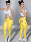Women High Waist Sports Leggings Stripe Print Stretchable Yoga Pants Sexy Tight Fitness Workout  Gym Push Up Causal Pant