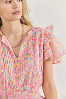 Style round neck tie short sleeve waist print ruffled edge layer dress