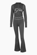 Solid color women's open-neck two-piece long-sleeved set