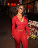 Solid color women's open-neck two-piece long-sleeved set