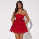 Tube Top Lace Dress With Back Bow-knot Fashion Temperament Mesh Stitching Off-neck Short Skirt