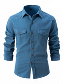 Men's European size wash elastic cotton casual fashion long sleeve shirt