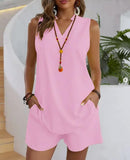 Solid Color Sleeveless Casual Top Loose Shorts Suit Women