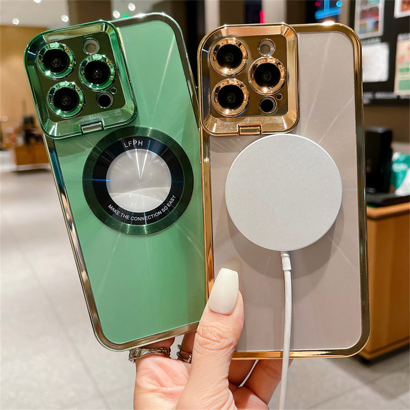 Electroplated Phone Luxury Case CD Pattern Magsafe Bracket Case For 12 13 14 Pro Max Invisible Camera Stand Holder Lens Holder Magnetic Suction