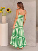 Summer Striped Printed Suspender Long Dress With Pockets Square Neck Backless Dress