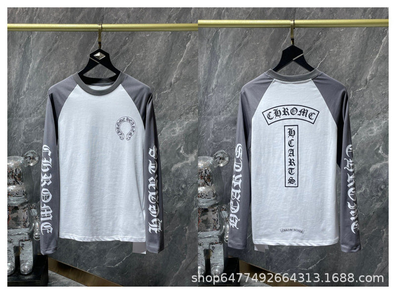 Tide CH correct edition Krosanskrit letters Blue Cross Arm Horseshoe Embroidery Long sleeve T