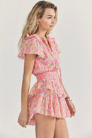 Style round neck tie short sleeve waist print ruffled edge layer dress