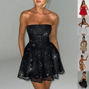 Tube Top Lace Dress With Back Bow-knot Fashion Temperament Mesh Stitching Off-neck Short Skirt
