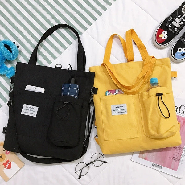 Harajuku Canvas Handbag With Pockets Preppy Backpack Shoulder Bag For Women