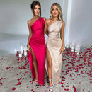 Sexy One-shoulder Backless Slit Summer Elegant Slim-fit Solid Color Satin Dress