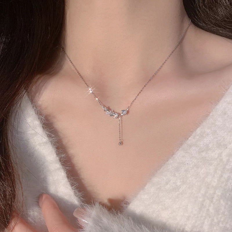 Pure silver wheat ear necklace for women, light luxury, niche and high-end, fresh delicate, leaf ear, peace necklace