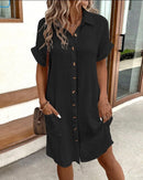 Summer Short Sleeve Shirt Dress Fashion Solid Color Single-breasted