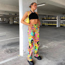 Europe and America women's fall new color print harajuku street high waist casual pants