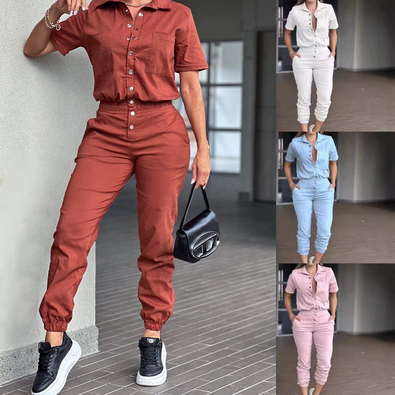 Casual fashion women's cinched leg romper lapel pocket waist elasticated button romper