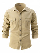 Men's European size wash elastic cotton casual fashion long sleeve shirt