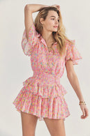 Style round neck tie short sleeve waist print ruffled edge layer dress