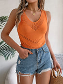 Women's spring summer casual V-neck open work knitted sweater