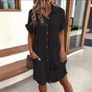 Summer Short Sleeve Shirt Dress Fashion Solid Color Single-breasted