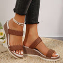 Women's large-sized one-piece woven strap thick-soled wedge heel sandals