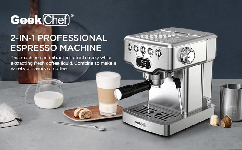 Geek Chef Espresso Machine, 20 Bar Espresso Machine With Milk Frothier For Latte,1.8L Water Tank, Stainless Steel