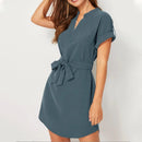 V-neck Short Sleeve Dress With Belt Summer Fashion Bowknot Dresses For Women