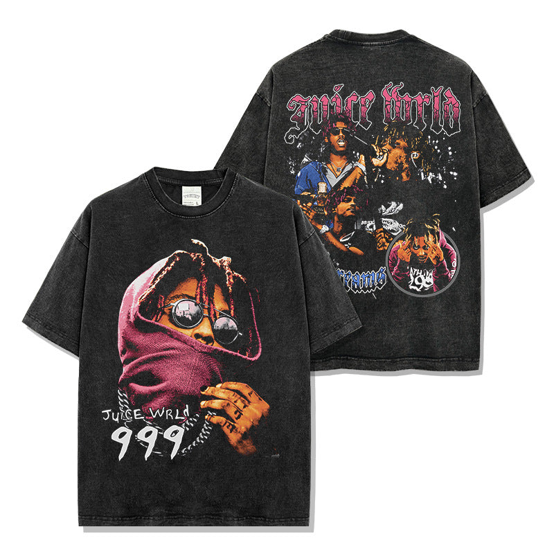 American vintage printed short sleeve T-shirt loose casual heavy round neck hoodie men