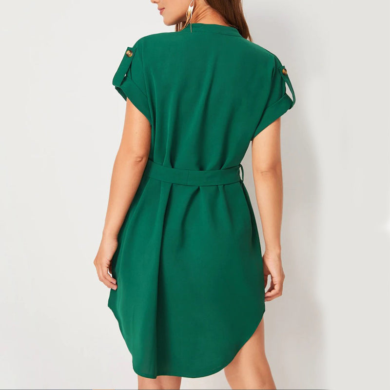 V-neck Short Sleeve Dress With Belt Summer Fashion Bowknot Dresses For Women