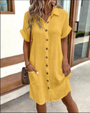 Summer Short Sleeve Shirt Dress Fashion Solid Color Single-breasted