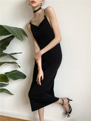 Elegant black stretch knit dress x with butterfly flower embroidery on the back
