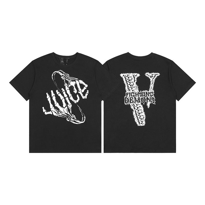 Vlone Fog Fashion brand Big V letter Logo Cherry blossom short sleeve Sketch Embroidery Graffiti print T-shirt