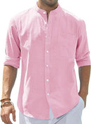 Men's Stand Collar Spring Autumn long sleeve solid color linen cotton shirt