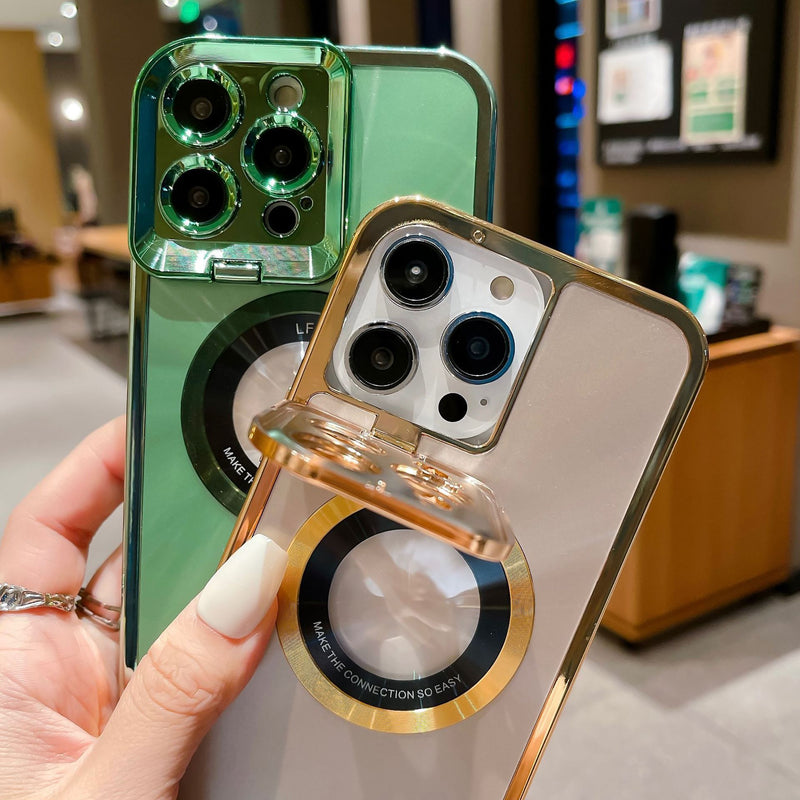 Electroplated Phone Luxury Case CD Pattern Magsafe Bracket Case For 12 13 14 Pro Max Invisible Camera Stand Holder Lens Holder Magnetic Suction