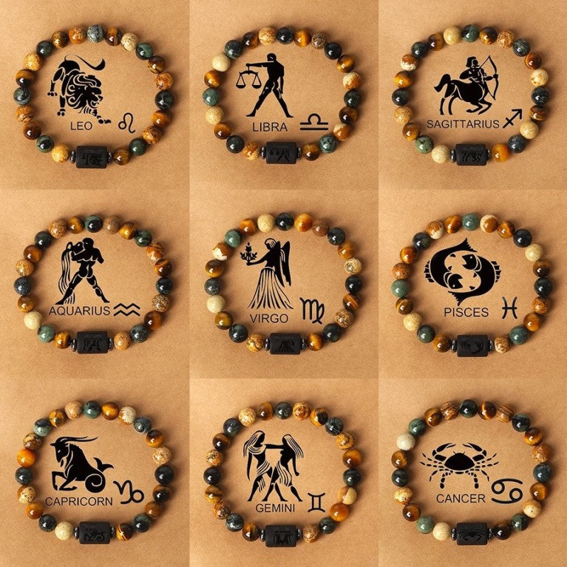 Fashionable natural stone beaded bracelets of the 12 zodiac signs, tiger's eye stone crystal bracelets and banges