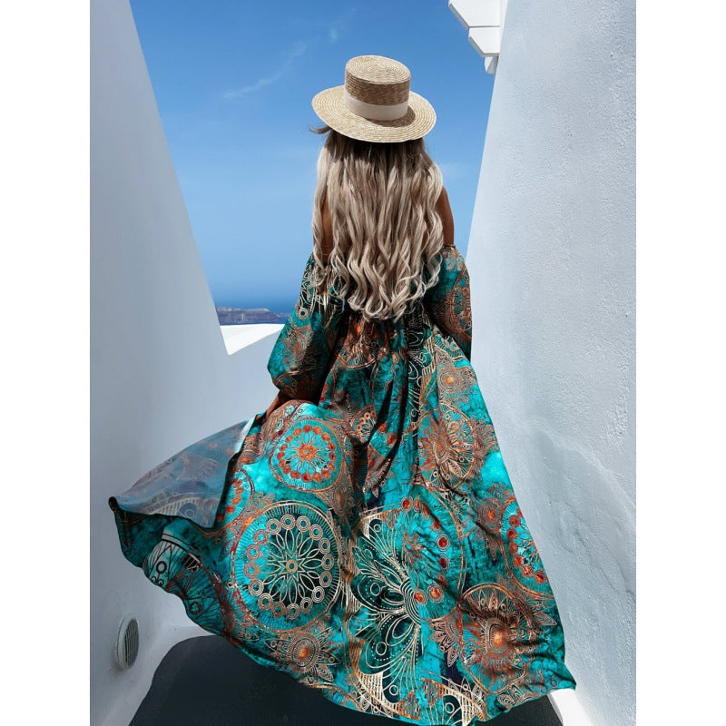 Europe, United States summer line collar long sleeve chest print dress