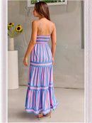 Summer Striped Printed Suspender Long Dress With Pockets Square Neck Backless Dress