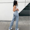 Patchwork Plain High Waist Button Jeans