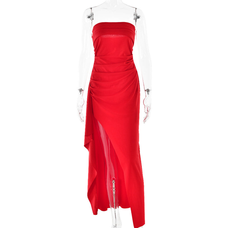 Strapless Split Long Dress Summer Fashion Pleated Bridesmaid Dress