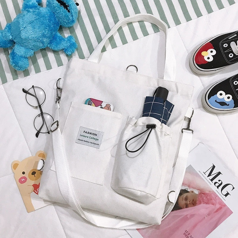 Harajuku Canvas Handbag With Pockets Preppy Backpack Shoulder Bag For Women