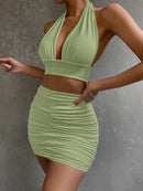 Ruched White Backless 2 Pieces Halter Skirt