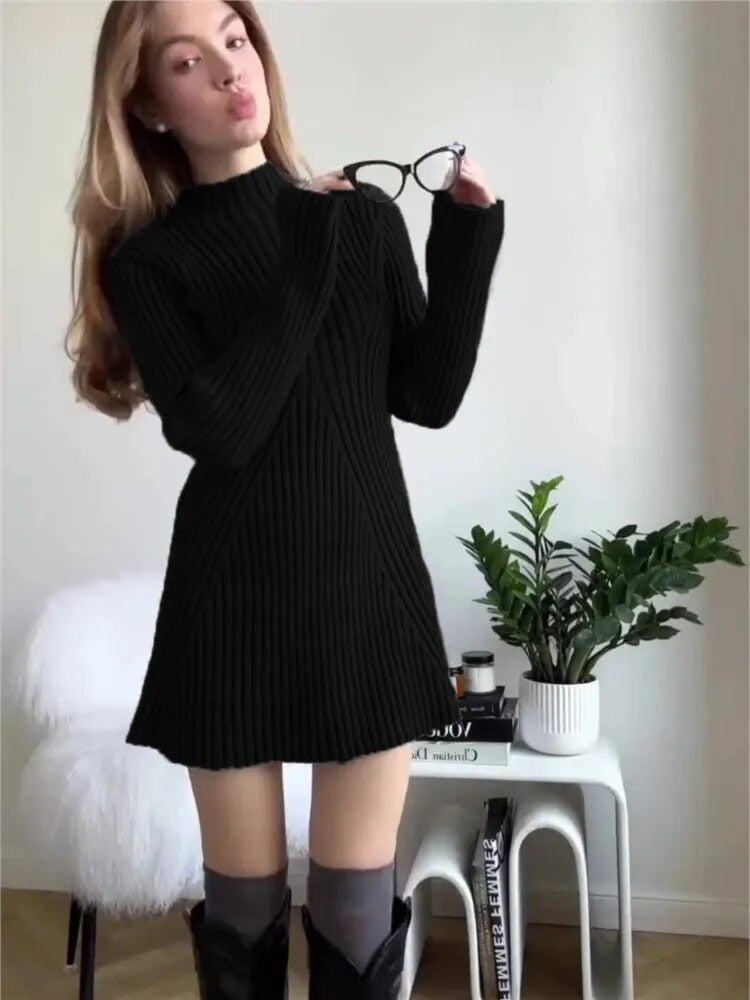 Elegant Solid Ribbed Knitted Short Dress